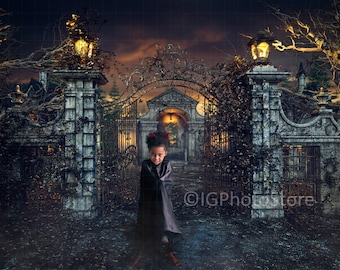 Gruselige Friedhofstore Halloween Digitale Kulisse, Gruseliger Friedhof Digitale Hintergrund für Halloween Composite Fotos, Gruselige Herbst Kulisse
