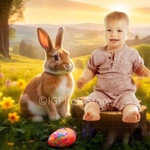 Easter Bunny and Tree Stump Digital Backdrop, Painterly Spring Background, Fine Art Kids Photography, Creative Composite Backdrop