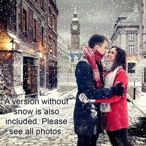 Vintage London Christmas Digital Backdrop, Xmas Backdrops, Old London Street with Snow, White Christmas, Family Portrait Background