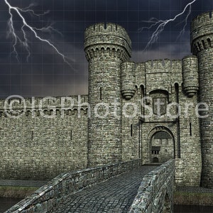 May include: A large, gray stone castle with a drawbridge and two towers. Lightning strikes in the dark sky above.