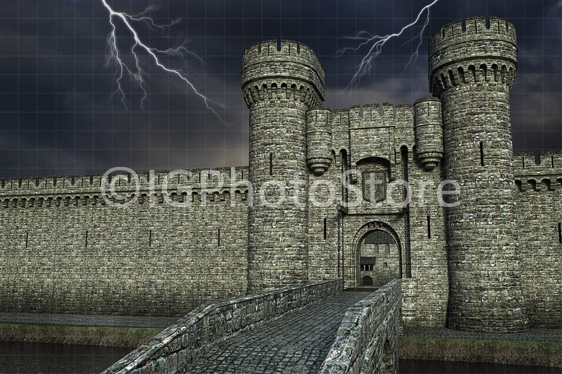 May include: A large, gray stone castle with a drawbridge and two towers. Lightning strikes in the dark sky above.