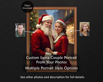 Custom Christmas Couple Portrait Digital Painting From Photos, Santa & Mrs Claus, Personalized Printable Art