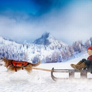 May include: A child in a red hat and jacket sits on a wooden sled being pulled by a dog wearing a red "RESCUE" harness through a snowy landscape.