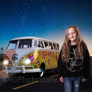 Vintage Camper Van Digital Backdrop, Hipster Camper, Digital Background, Road Trip, Starry Sky, Composite Portrait Backdrop, Road Background