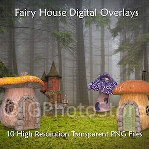 Fairy House Digital Overlays, Transparent PNG Fairy Houses, Mushroom House, Fairytale Cottage, Tree Stump Home, Composite Photo, Digital Art