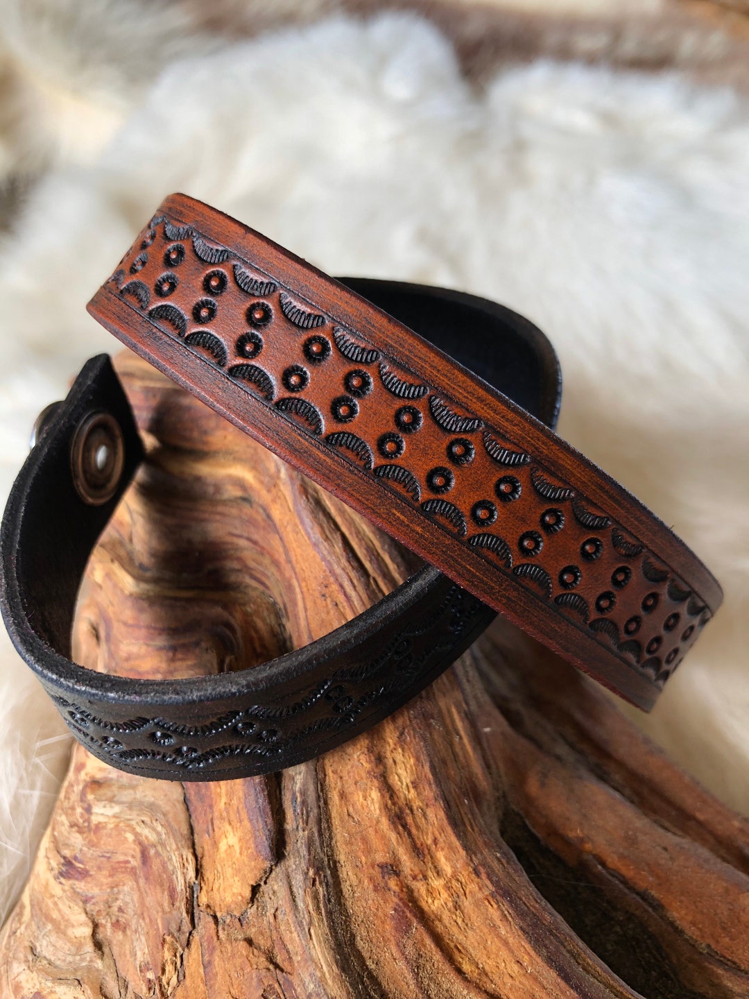 Narrow Hand Tooled Leather Bracelet Etsy