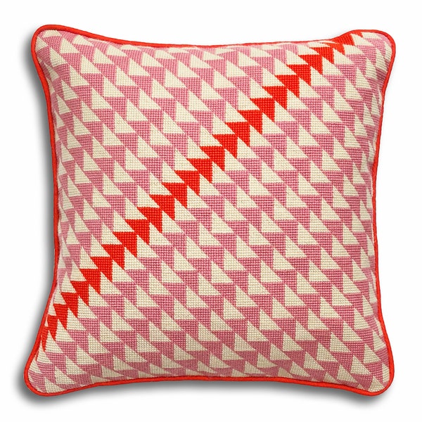 Modern needlepoint kit, Geometric Triangles, pink and orange colourway
