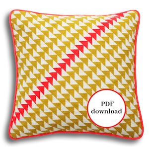 Modern needlepoint chart/pattern, PDF download, Geometric Triangles, mustard yellow and coral colourway