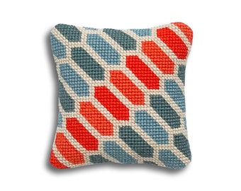 Modern needlepoint kit, mini kit, Geometric Hexagons, blue and orange colourway