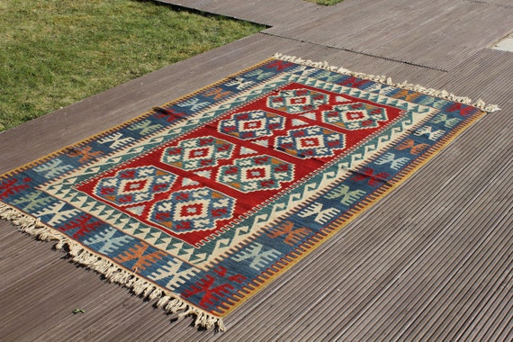 Floor Rug Living Room Rug Navy Blue Natural Kilim Etsy