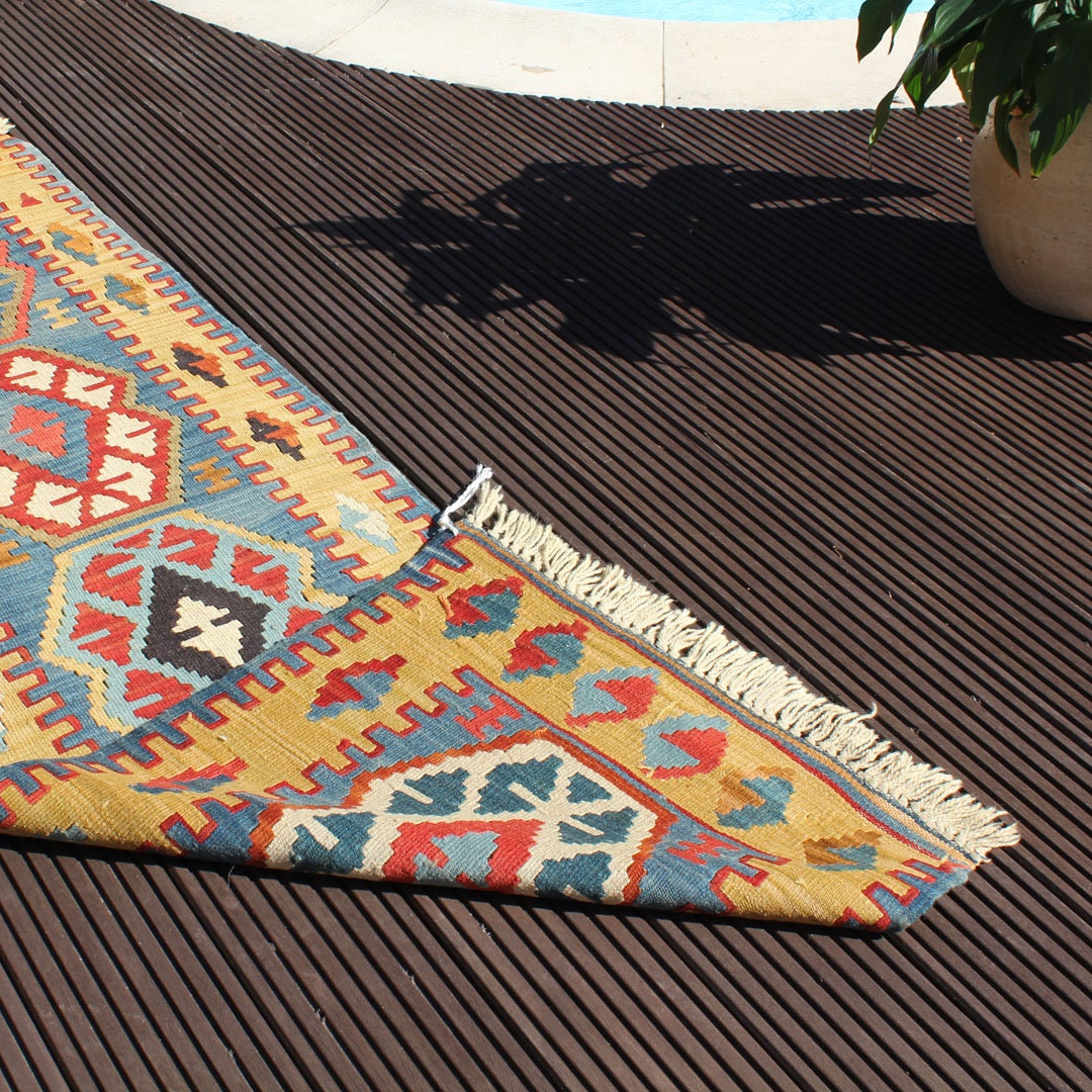 Kilim Short Runner Rug Runner Yellow Handknotted Rug Bohemian Area Rug