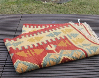 2'10" x 3'9"  Turkish Kilim | Free Shipping | Red, Yellow Bohemian Area Rug | Anatolian Decorative Rug | Rustic Geometric Wool Rug