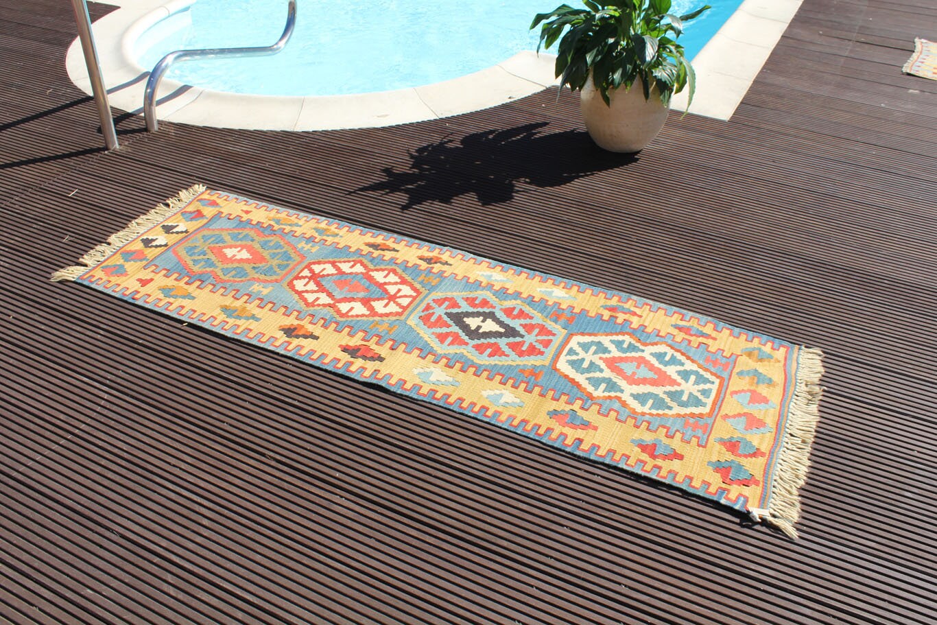 Kilim Short Runner Rug Runner Yellow Handknotted Rug Bohemian Area Rug