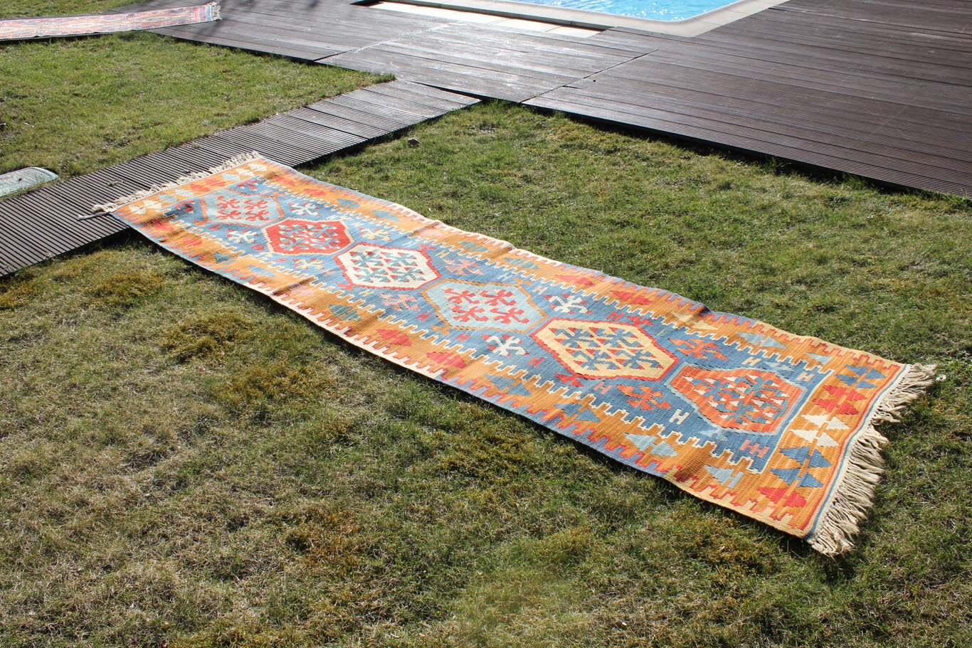 Bohemian Kilim Long Runner Rug Navy Blue Kilim Indoor Outdoor Rug