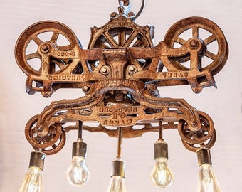 Vintage Rustic Hay Trolley 5-Drop Light