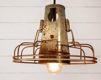 Rustic Farm Cone Chicken Feeder Pendant w/Cage