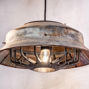 Vintage Turkey Feeder Bowl w/Copper Speckled Cage Pendant Light