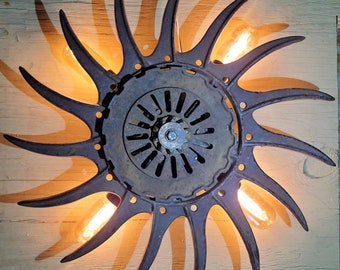 Rustic Rotary Wheel & Seed Planter Plate Wall Sconce