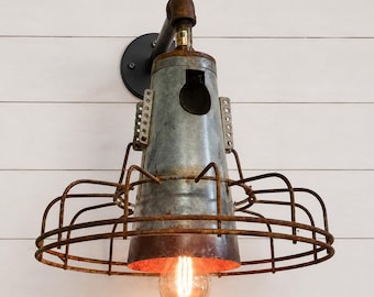 Vintage Cone Chicken Feeder Light w/Cage Wall Sconce