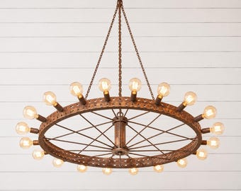 Rustic 78" Vintage Style Irrigation Wheel Chandelier