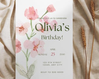 Flower birthday invite, elegant girl invitation, floral birthday invitation, instant download, digital template, minimal invite
