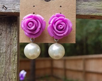 Purple rose and pearl earrings
