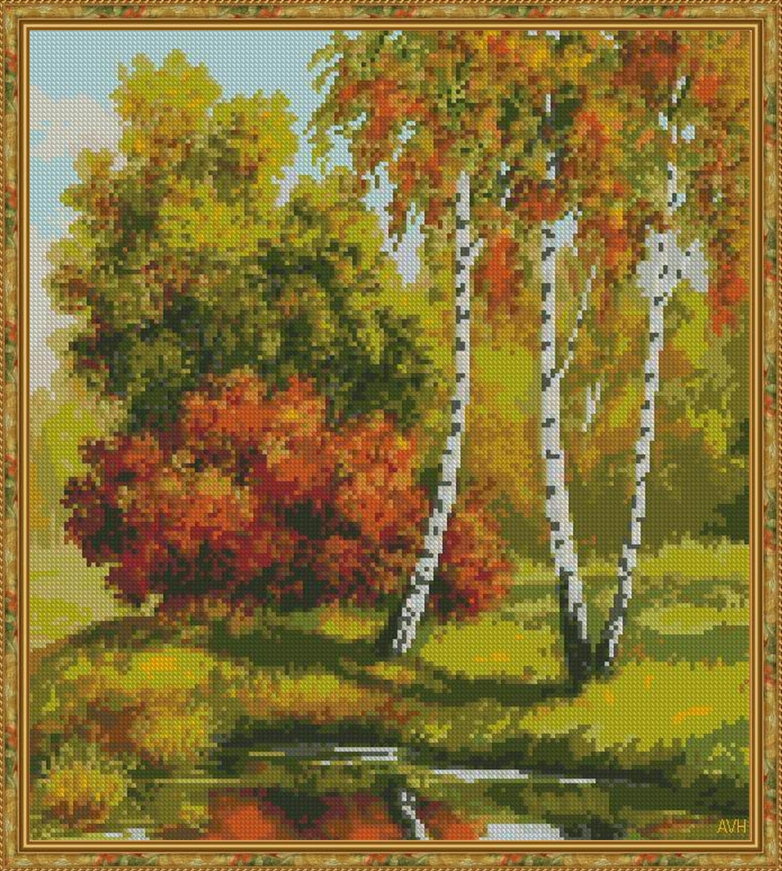Картинки схемы осень. Вышивка крестиком осенний пейзаж. Вышивка крестиком березы. Вышивка березы осенью. Вышивка крестом осенние Березки.