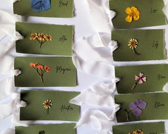 Personalised Wedding Name Place Cards with Real Flowers, Botanical Place Cards Rough Edge, Multicolour Paper, Meadow Place Cards