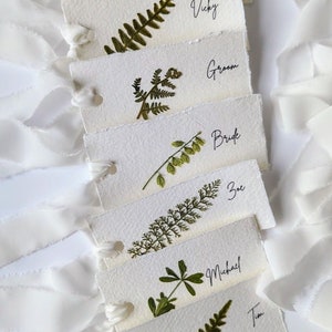 Personalised Wedding Name Place Cards with Real Flowers, Botanical Place Cards Rough Edge White, Fern Place Cards, Meadow Place Name Cards