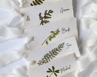 Personalised Wedding Name Place Cards with Real Flowers, Botanical Place Cards Rough Edge White, Fern Place Cards, Meadow Place Name Cards