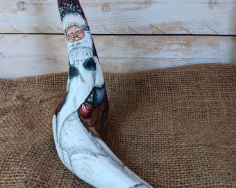 Hand-Painted Driftwood Santa Claus Checking his List (10in)
