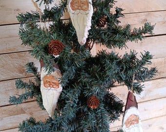 Hand-Painted Hemlock Bark Santa Ornaments (Pack of 3)