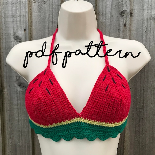 Crochet Watermelon Bralette PATTERN, MADE to MEASURE,  Fun Crop Top, Festival, Summer, Beach Bikini, Tutorial