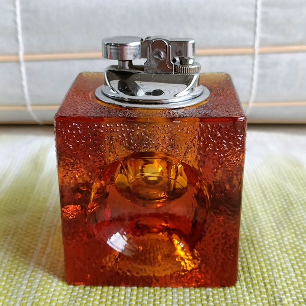 Vintage Original MURANO Glass with Removable + Refillable Lighter, "Orange Ice Cube," 9 x 6,5 x 6,5 cm, RARE ITEM