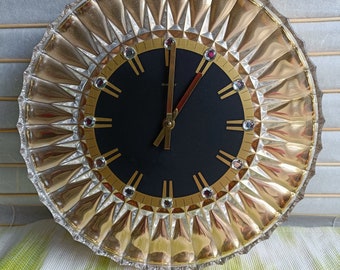 Vintage 1980s JOSKA / JUNGHANS Round Wall Clock Made of Glass, 24-Carat Gold Plated Frame, Quartz, D: 31 cm, Used, Rare Collector's Item