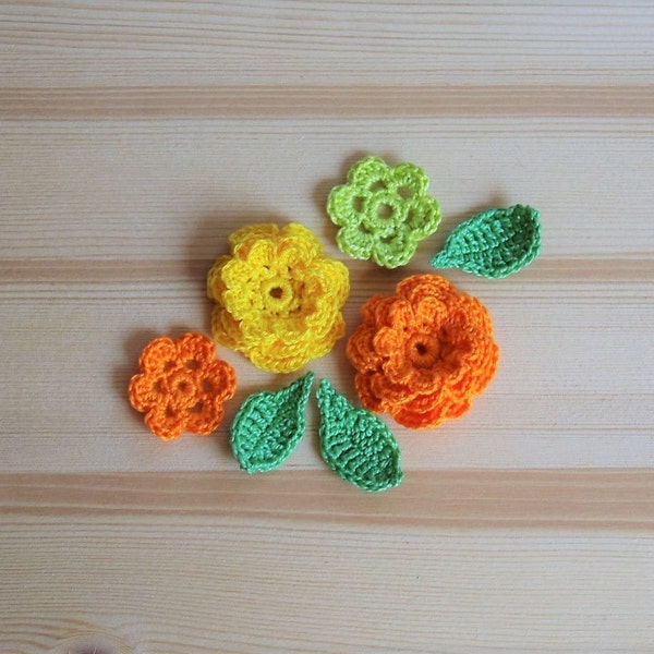 Orange yellow flowers mix Set of 4 flower with 3 leaves Application Decorative crocheted accessory Bohemian flower crochet trim Cotton