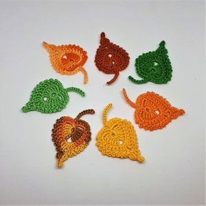 Foglie di betulla autunnali. Set di 7 applicazioni di foglie all'uncinetto. Forniture per abbigliamento in 100% cotone. Accessori per cucire. Realizzazione di biglietti. Fai da te
