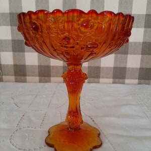 Fenton Amberina Orange Vintage Cabbage Rose Pedestal Compote