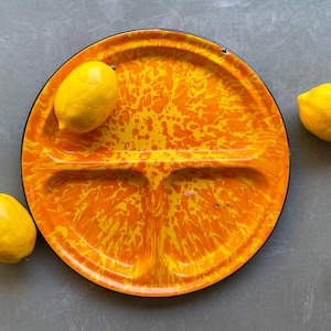 12” Antique Chippy Orange and Yellow Enameled Plate