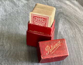 Antique Mudie & Sons, Traveler Patience Sized Playing Cards in Red Leather Box, Made in England