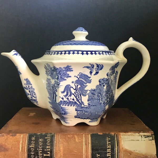 Charming Antique Blue Willow Teapot Made in England Hexagon Shaped Transferware