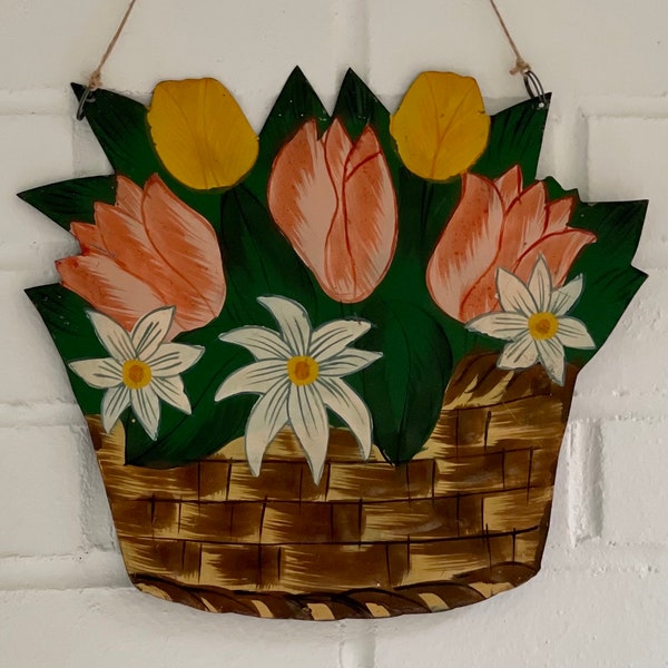 Vintage Hand Painted Metal Flower Basket Decor for Door or Lamp Post