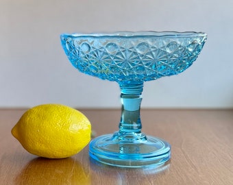 Vintage Aqua Blue Cut Glass Compote, Excellent Condition, Circa 1940’s