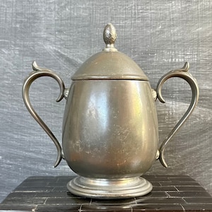 Vintage K S Pewter Tea Pot Plymouth USA Ball Wicker Wrapped Handle