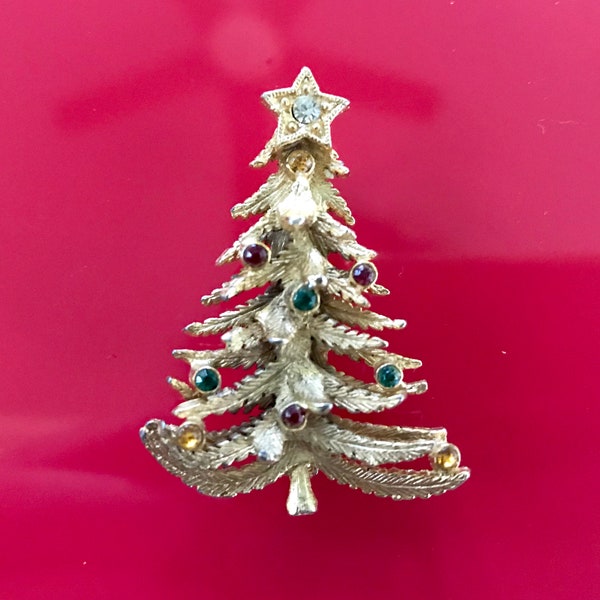 Christmas Tree Rhinestone Brooch – Crystal Ornament Pin With Gold Bag (Multicolor)
