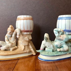 Pair of Antique Porcelain Drunk Gnomes or Elves Toothpick or Match Holders