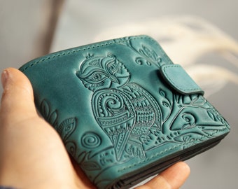 Portafoglio gufo minimalista, portafoglio in pelle sottile, portafoglio bifold, portafoglio fatto a mano per le donne, regalo di compleanno femminile