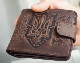 Ukrainian Tryzub Wallet, Ukrainian Coat of Arms, Hand Tooled Wallet, Slim Men Wallet, Engraved Purse Men
