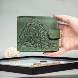 Green Leather Small Purse with a Large Number of Compartments for Cards and a Pocket for Coins, Slim Card Holder