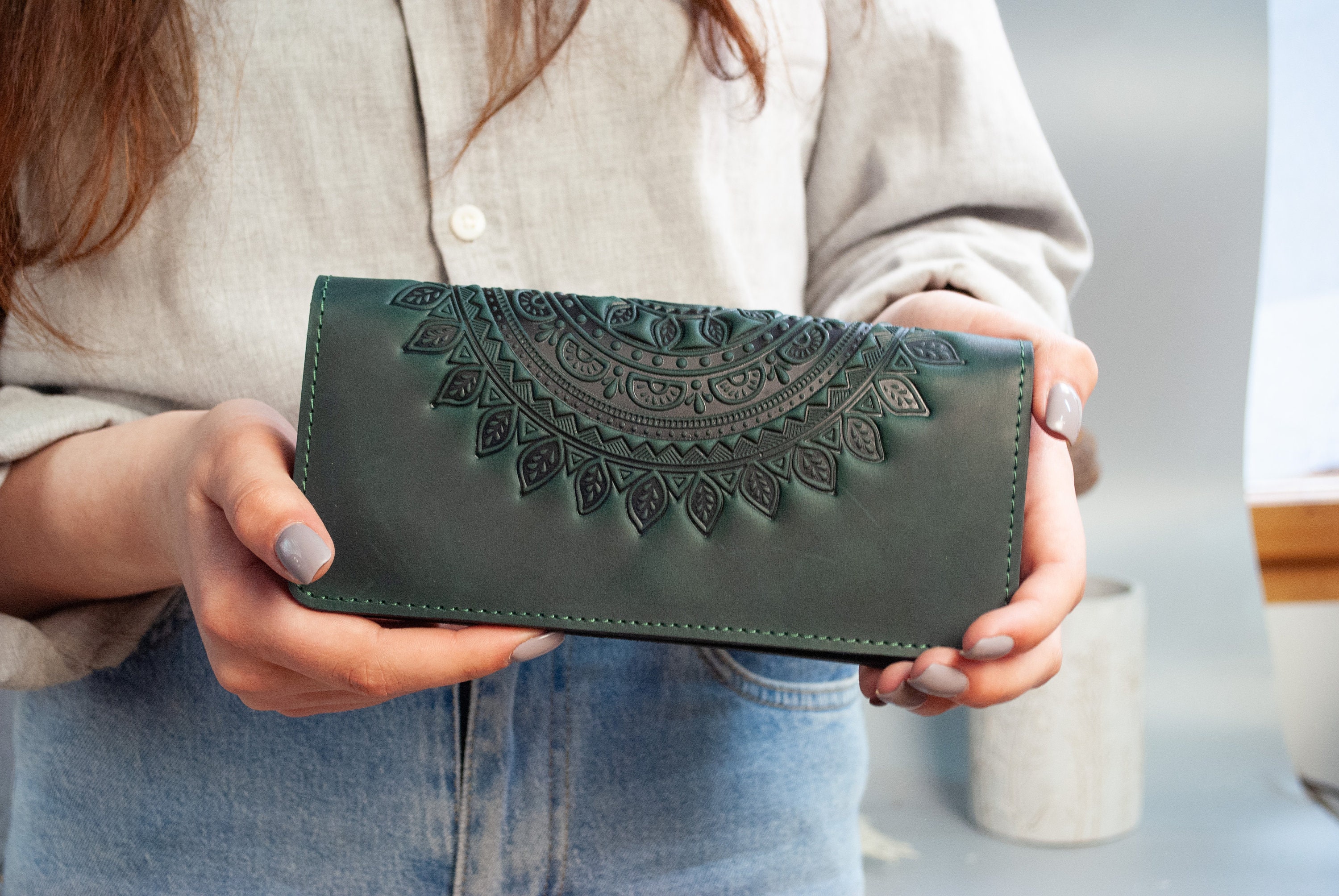 Handmade Genuine Leather Wallet Green Boho Leather Wallet Etsy